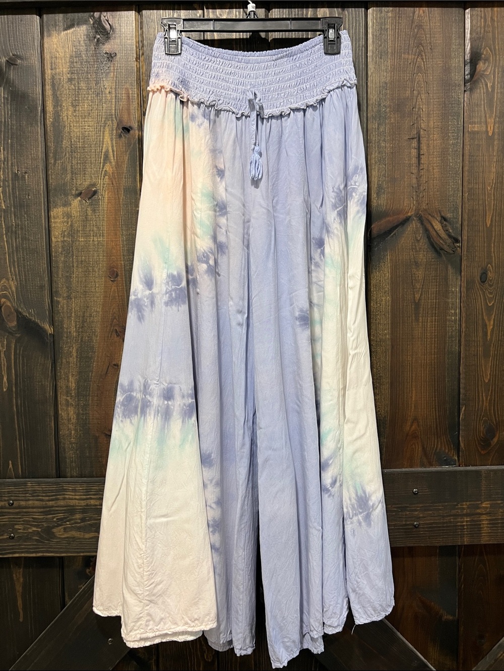 Surf Gypsy Tie Dye Smocked Waist Palazzo Pants M Blue White Wide Leg Flowy Boho